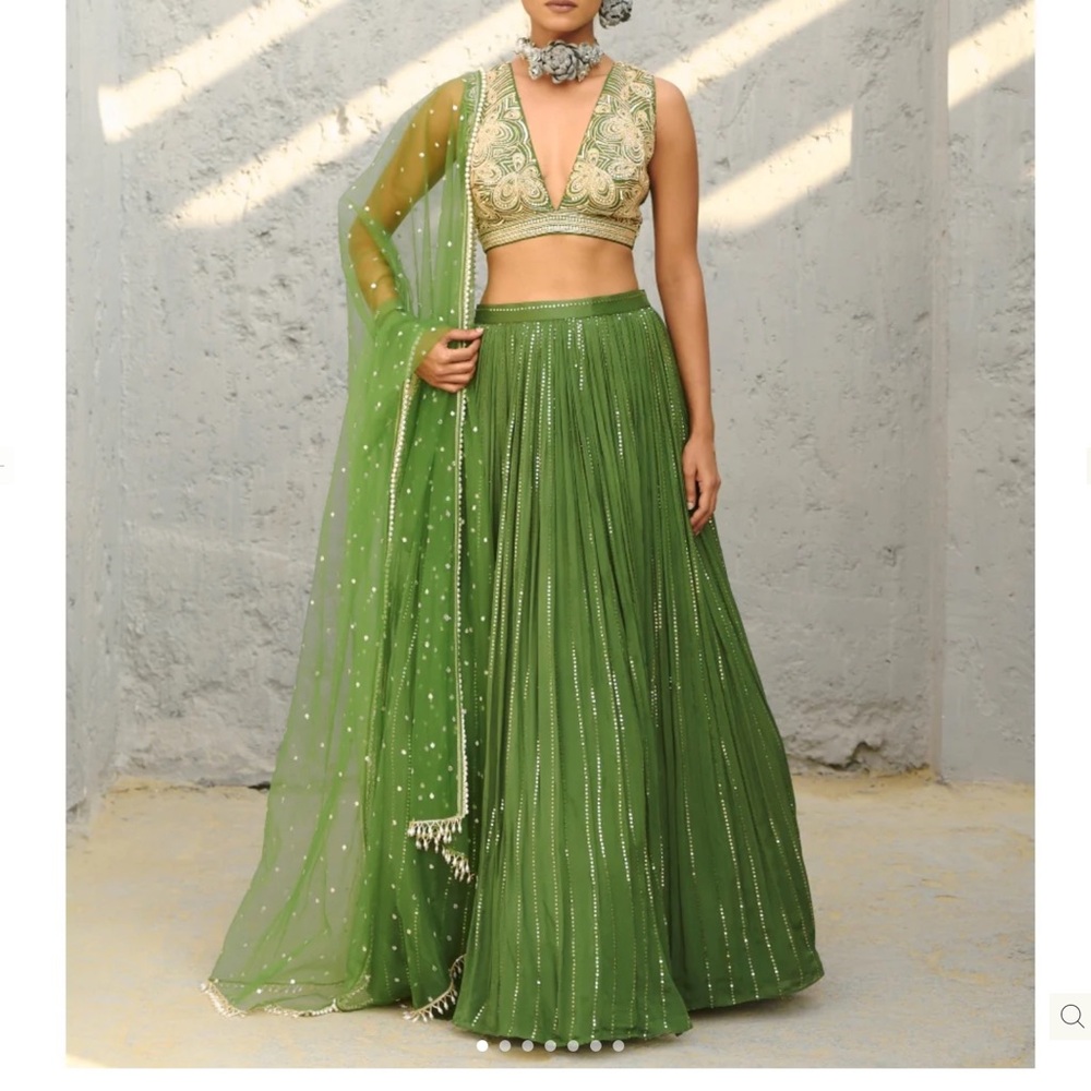 Green Embellished Indian Crop Top with Sheer Dupatta/indian Pakistani lengha fr - Picture 5 of 15
